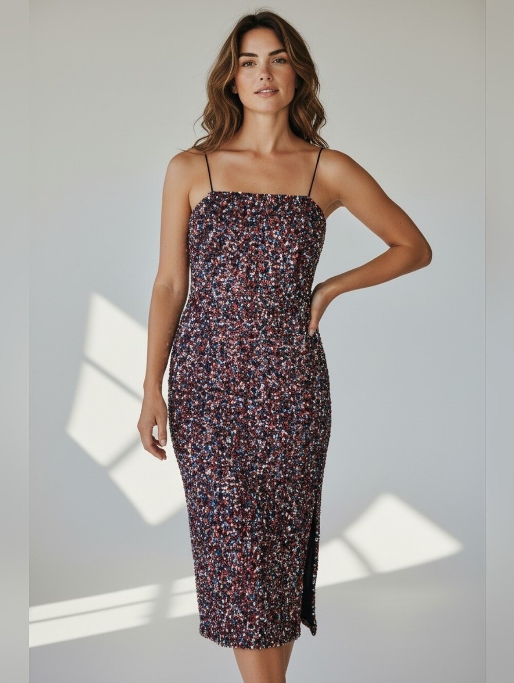 Lavender Brown Multi-Color Dior  Spaghetti-Strap Midi Dress